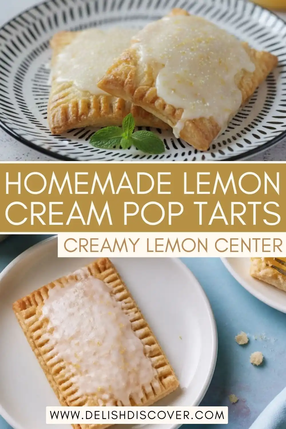 Rectangular homemade lemon pastries topped with pale citrus glaze and lemon zest, with crisp fork-crimped golden edges.