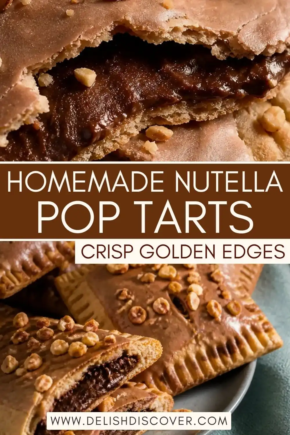 Cut-open homemade pastries showing a creamy Nutella center inside crisp golden crust, finished with chocolate glaze and chopped hazelnuts.