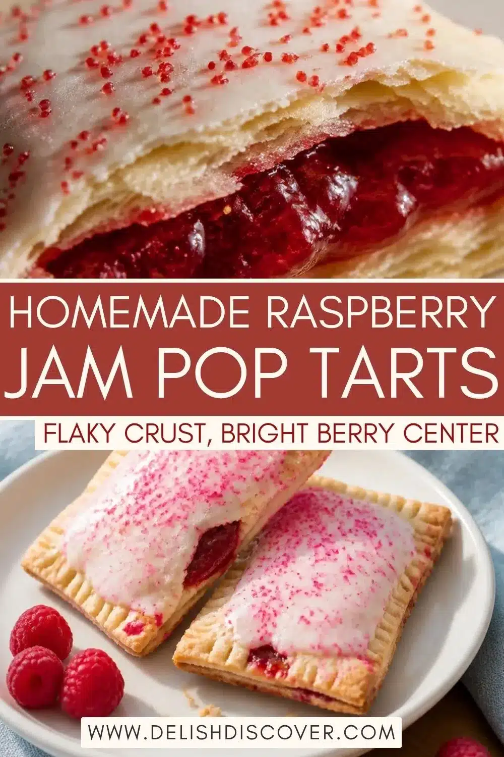 Two glazed raspberry pastries with crimped golden edges, pink sprinkles, and a visible ruby-red berry filling.