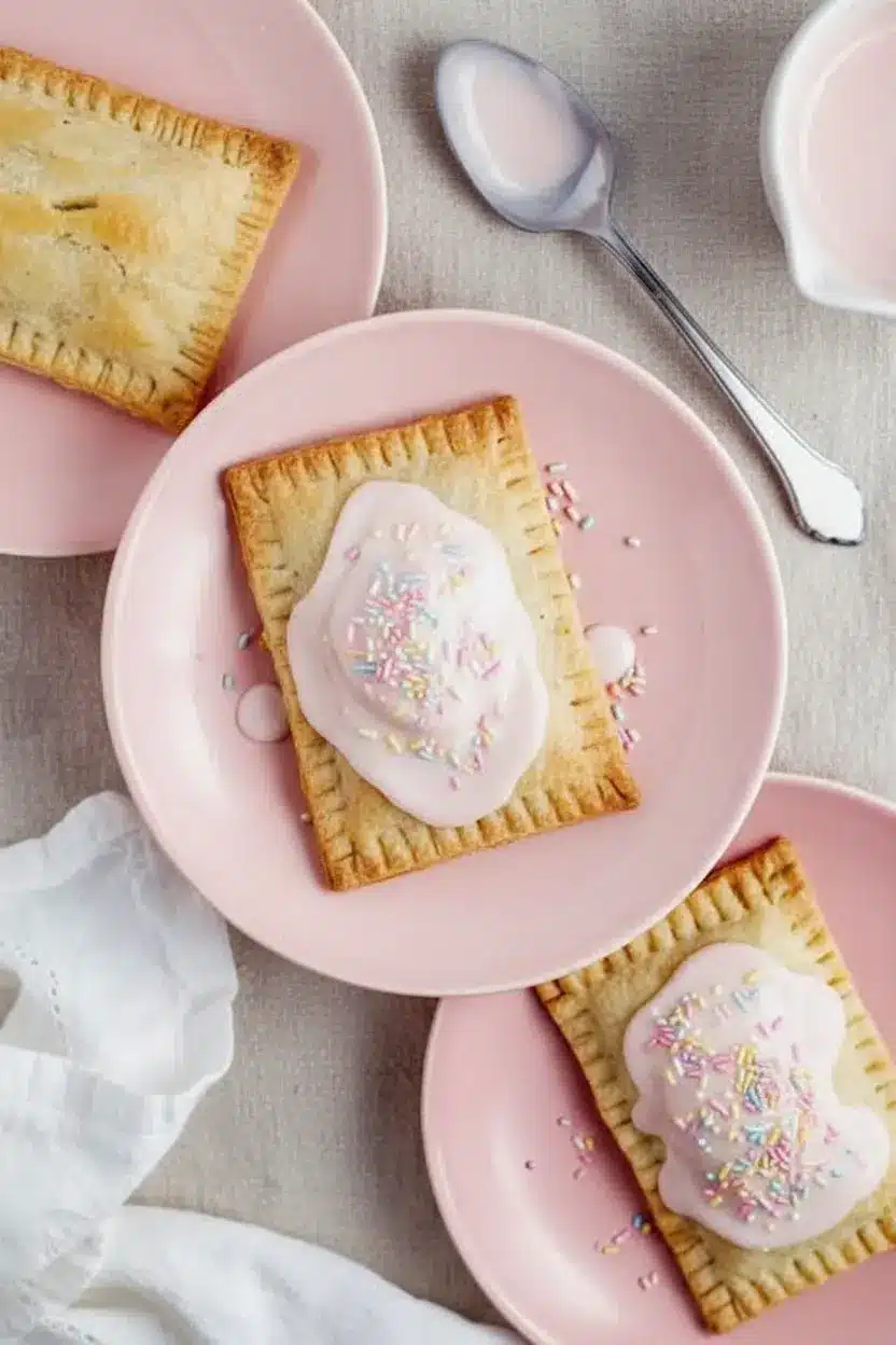 Homemade Cherry Pop Tarts 2 Homemade pop tarts with golden crust and pink icing on pastel pink plates, styled with icing drizzle and spoon