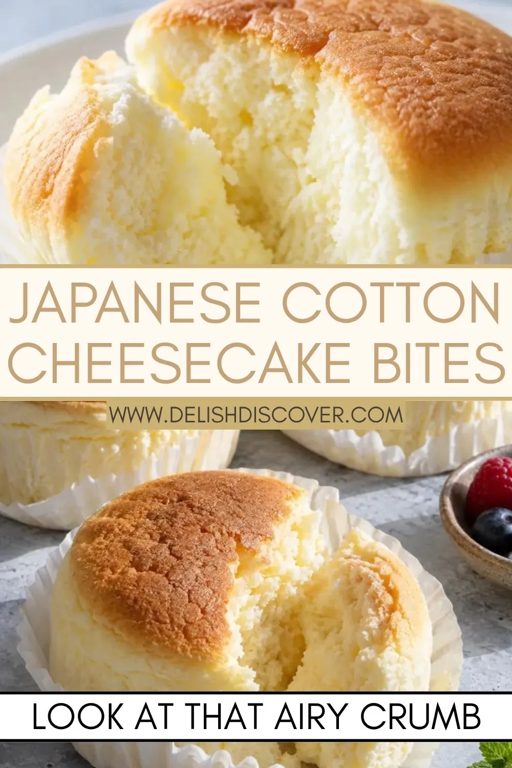 A torn-open Japanese cheesecake revealing a pale, fine, airy interior, with additional individual cotton cheesecakes below.