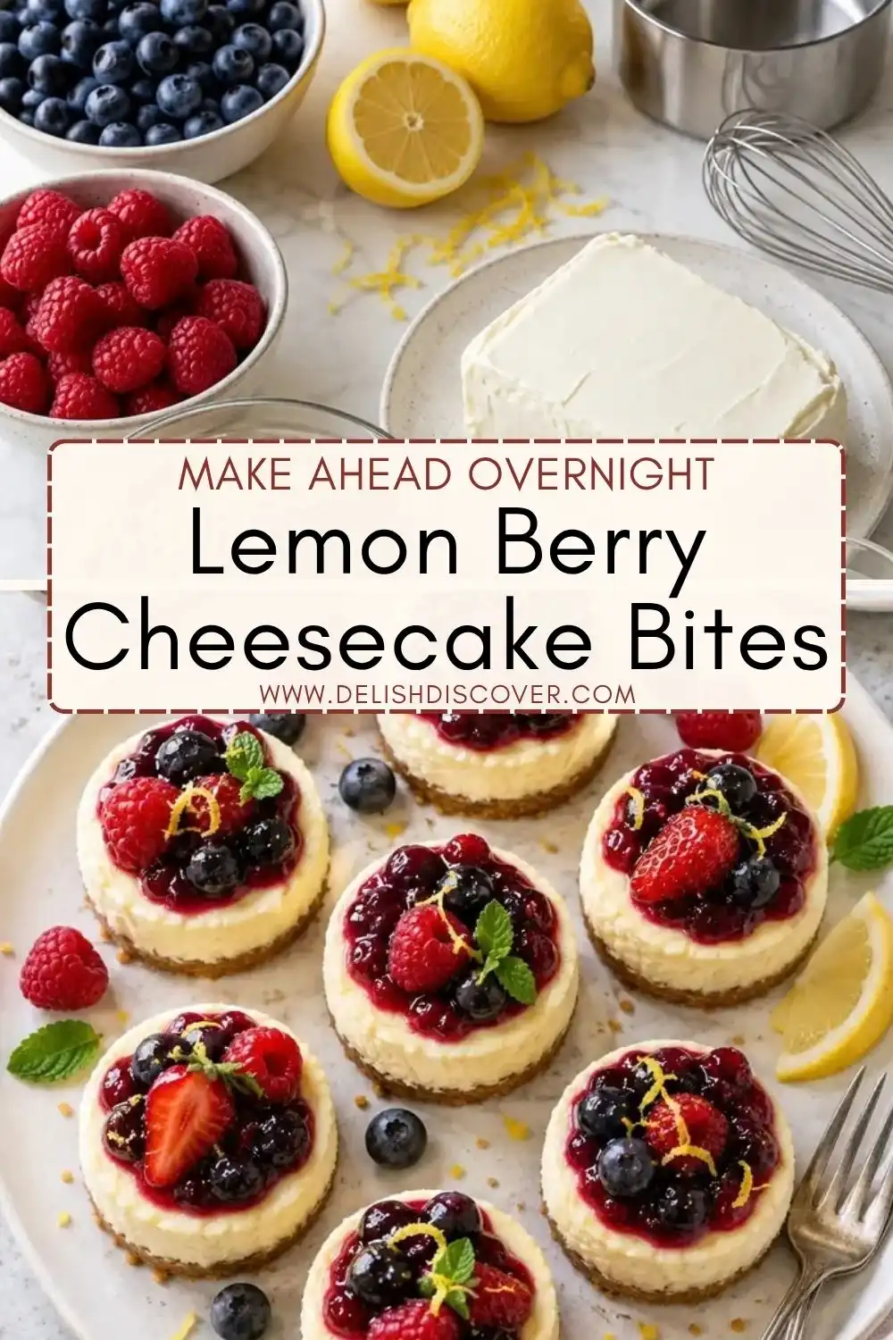 Lemon berry cheesecake bites with creamy lemon filling, graham cracker crust, mixed berry topping, fresh blueberries and raspberries, and lemon zest.