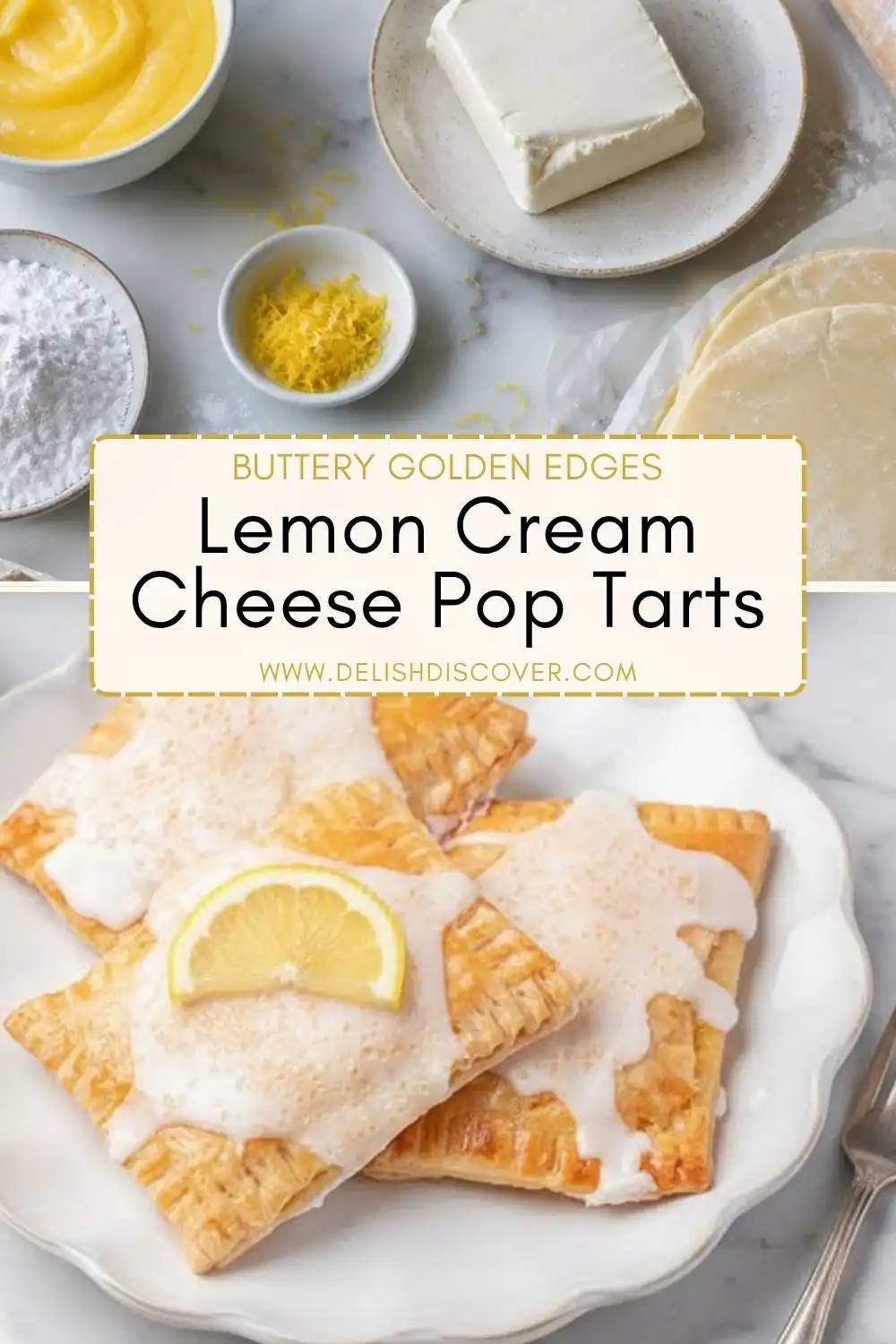 Glazed lemon cream cheese pastries with deeply golden crimped edges served beside fresh lemon and baking ingredients.
