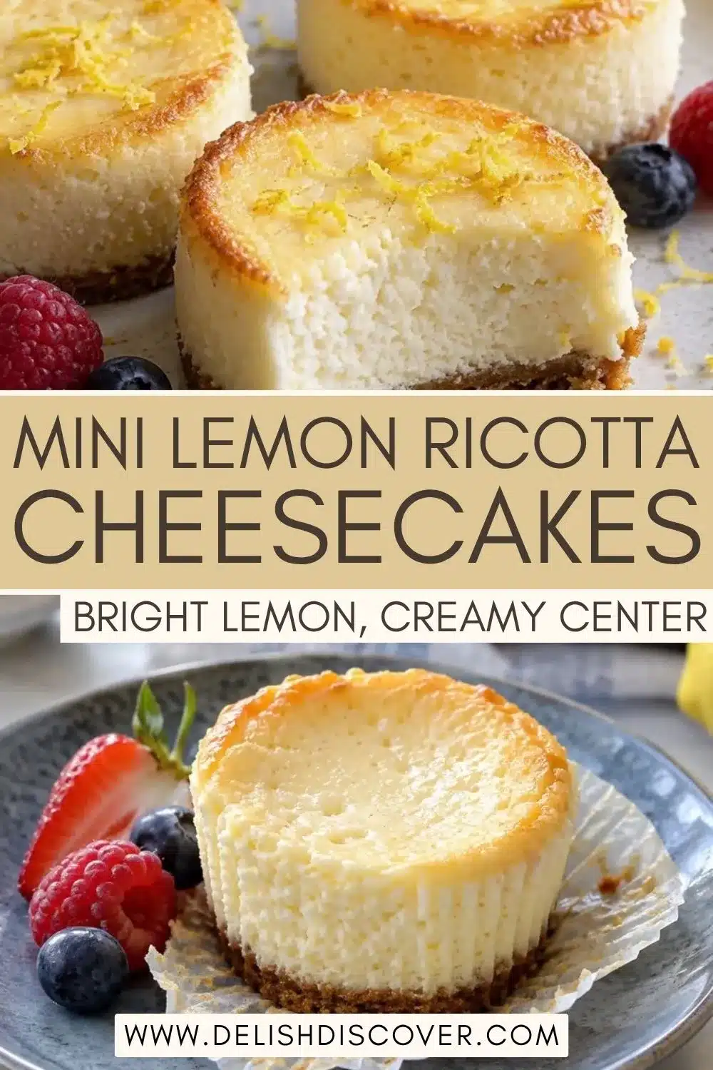 Several golden individual cheesecakes with lemon zest on top, including one cut open to reveal the soft ricotta filling and crumb base.
