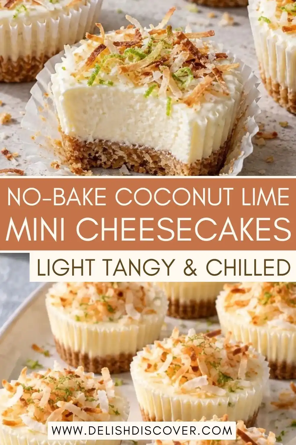 A sliced mini lime cheesecake showing its creamy white filling and golden crust, surrounded by coconut-topped individual cheesecakes.