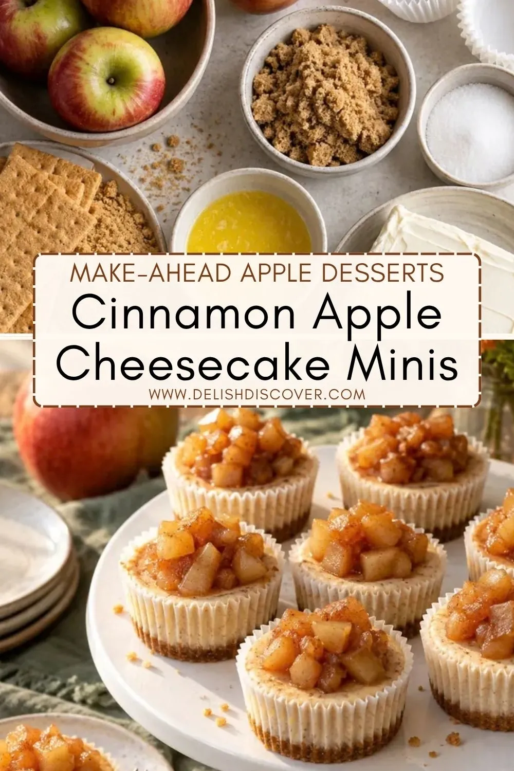 Mini cinnamon cheesecakes topped with glossy diced apples, arranged on a white platter beside fresh apples and baking ingredients.
