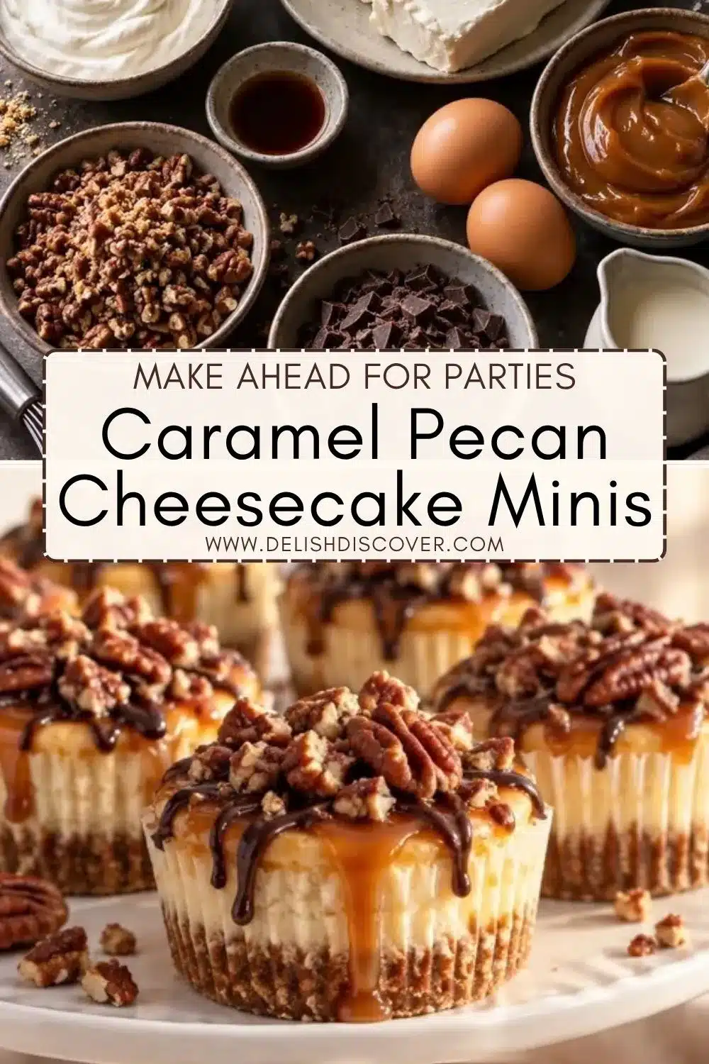 Caramel pecan cheesecake minis topped with glossy caramel, chocolate drizzle, and toasted pecans, with baking ingredients arranged above.