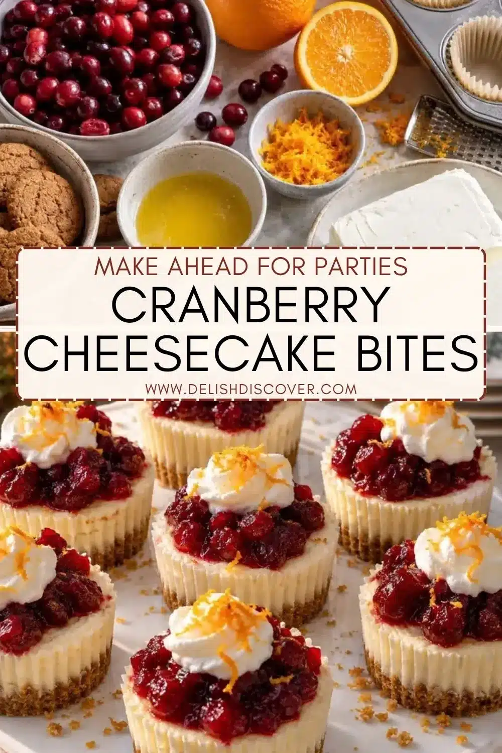 Cranberry cheesecake bites topped with cooked cranberries, whipped cream, and orange zest on individual spiced crumb crusts.