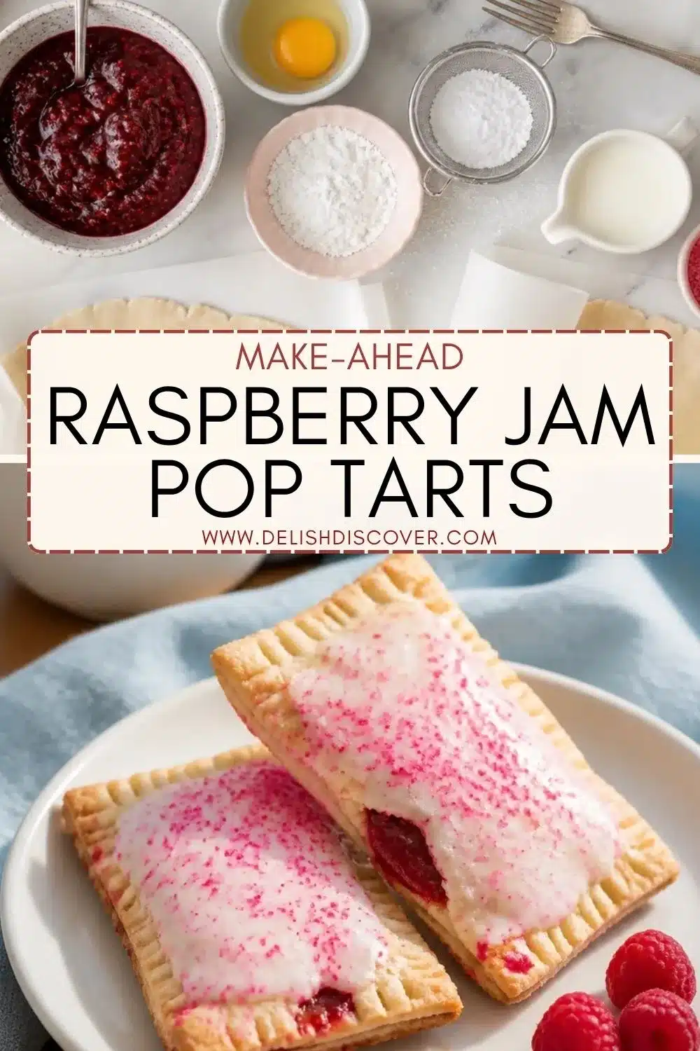 Glazed raspberry pastries with fork-crimped edges and pink sprinkles beside bowls of raspberry filling, egg, sugar, and milk.