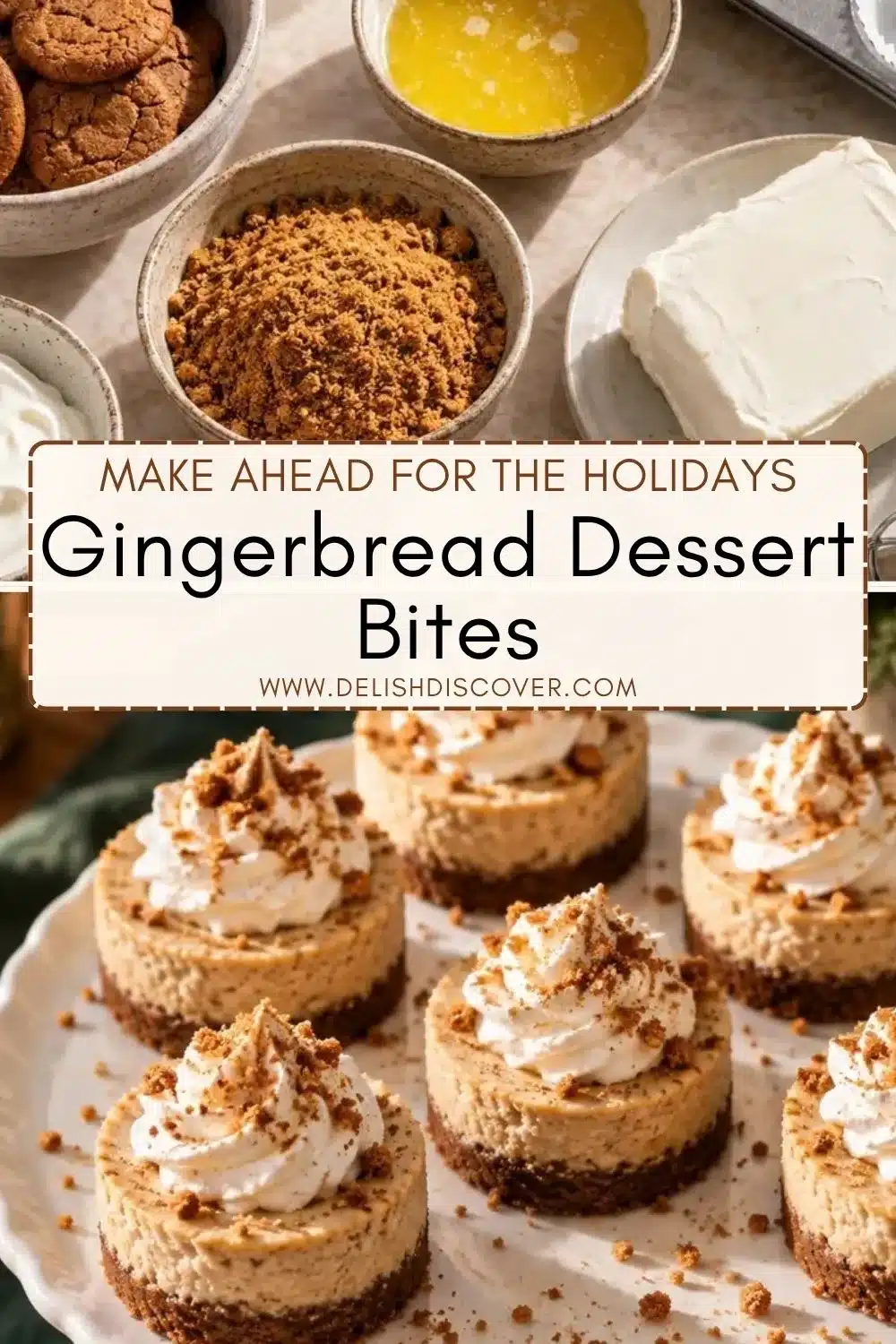 Make-ahead holiday dessert bites with spiced cheesecake filling, gingersnap crust, whipped cream swirls, and cookie crumbs arranged on a white platter.
