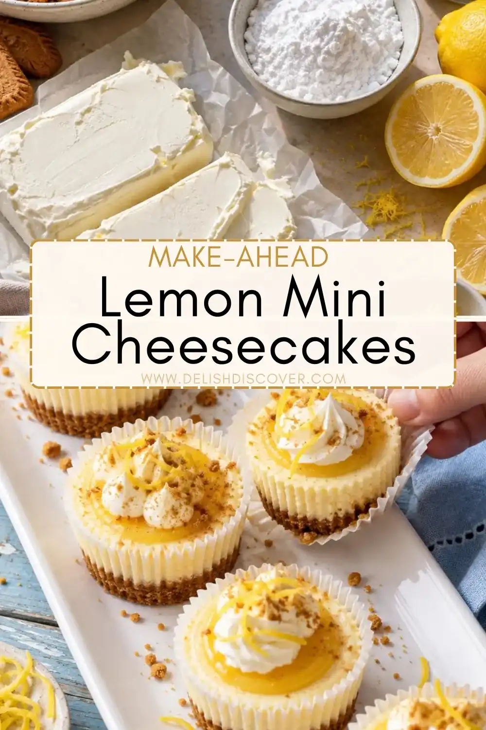 Mini lemon cheesecakes in paper liners with Biscoff crumb crusts, lemon curd, whipped cream, and zest beside cream cheese and fresh lemons.