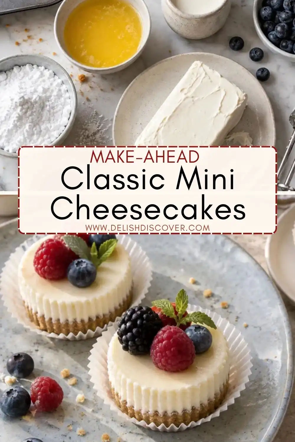 Classic mini cheesecakes with graham cracker bases topped with raspberries, blueberries, blackberries, and mint beside cream cheese and other ingredients.