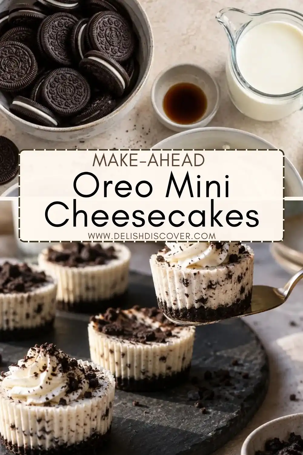 Cookies-and-cream mini cheesecakes with dark Oreo crumb bases and speckled cream filling displayed beside whole sandwich cookies, milk, and vanilla.