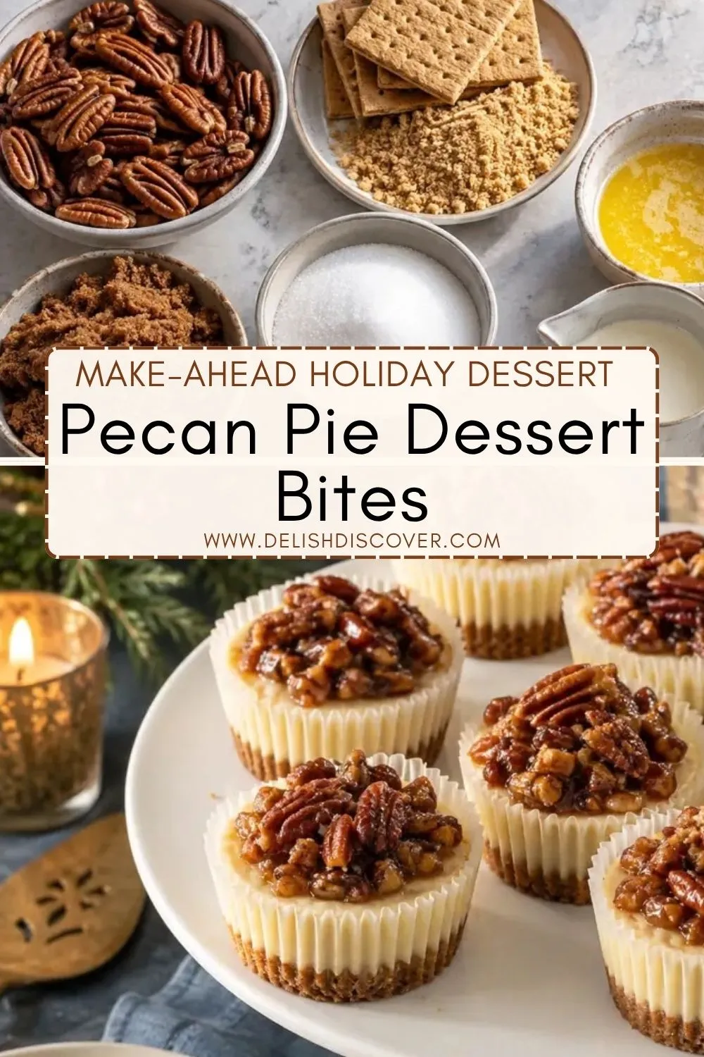 Individual cheesecake bites with creamy filling, graham cracker crust, and glossy pecan topping arranged on a holiday serving platter.