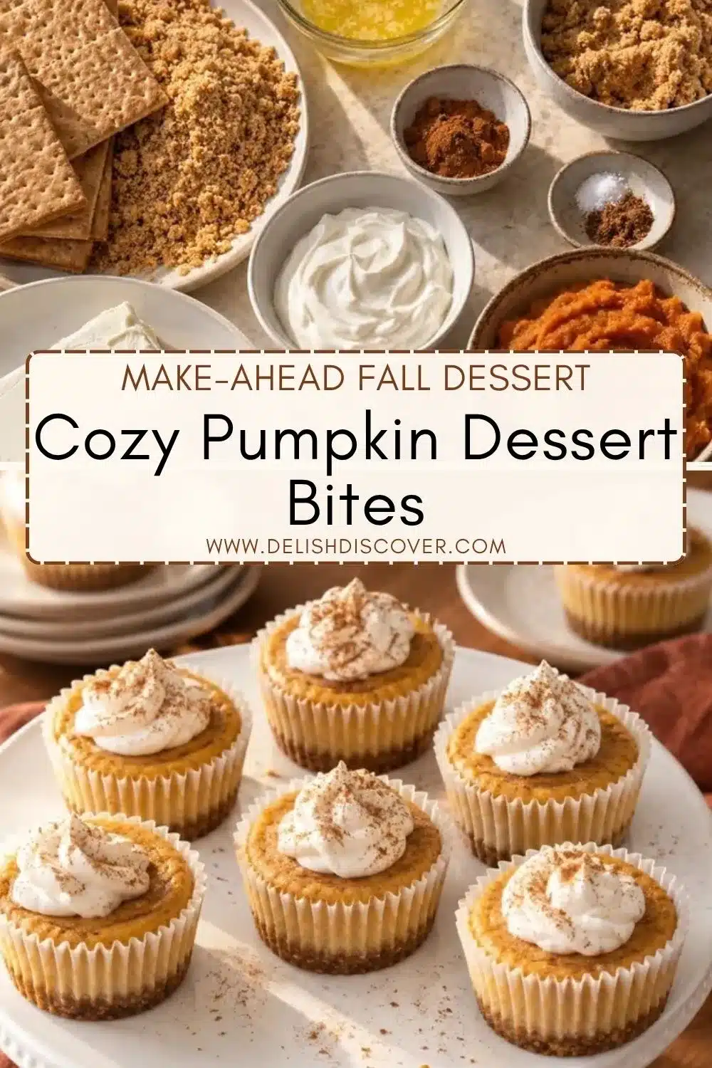 Mini pumpkin cheesecakes with whipped cream and cinnamon arranged on a platter beside pumpkin puree, graham crumbs, brown sugar, and fall baking ingredients.