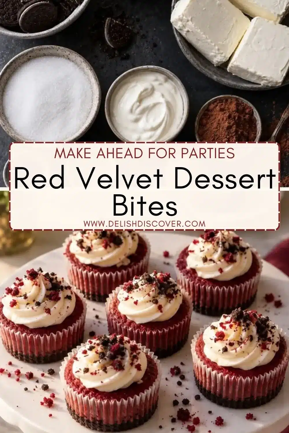 Red velvet dessert bites with deep red cheesecake centers, dark chocolate cookie crusts, and piped cream cheese topping arranged on a party platter.