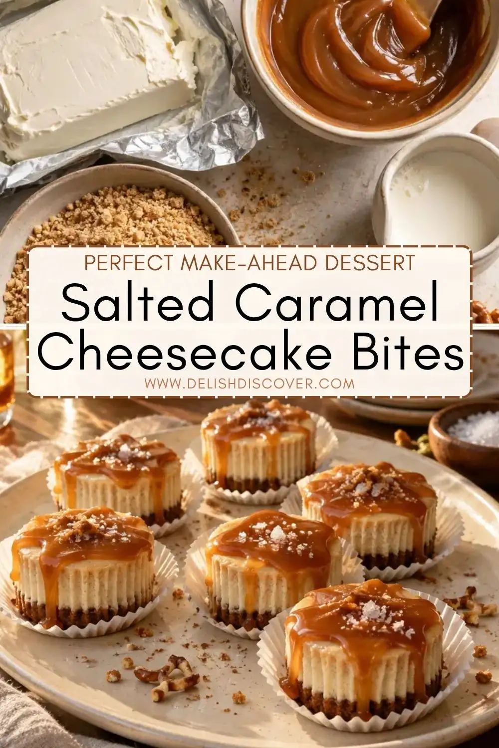 Salted caramel cheesecake bites on a serving plate with caramel topping, sea salt, and ingredients like cream cheese and caramel nearby.