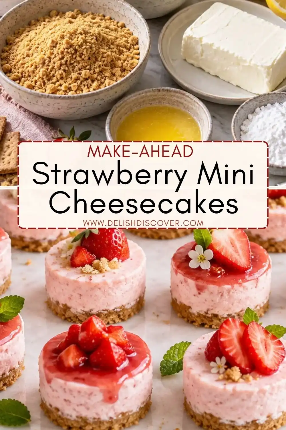 Several individual strawberry cheesecakes with pale pink filling, graham bases, fresh sliced strawberries, and glossy red topping.