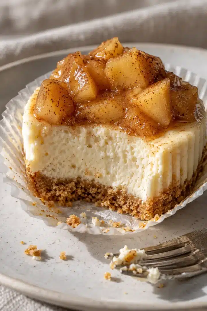 Cut Mini Apple Cinnamon Cheesecakes showing creamy filling, graham crust, and cinnamon apples