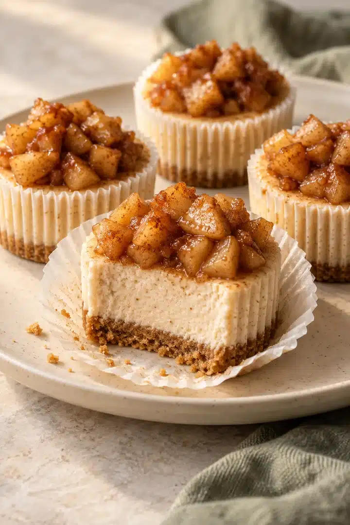 Mini Apple Cinnamon Cheesecakes with graham crust and glossy diced apple topping