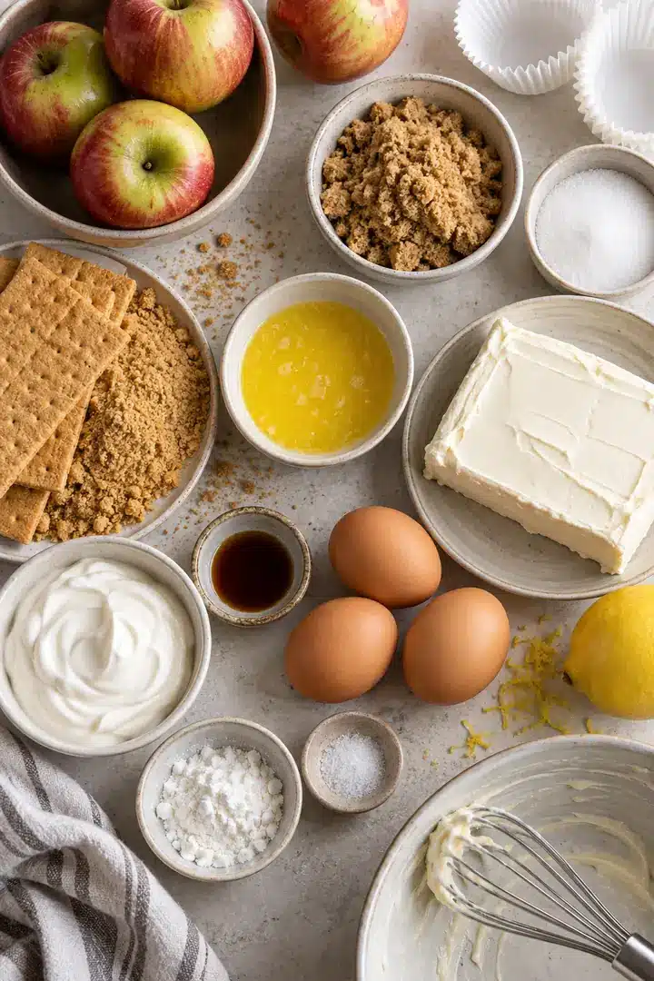 Ingredients for Mini Apple Cinnamon Cheesecakes arranged on a kitchen counter