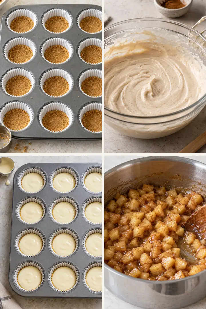 Four steps for making Mini Apple Cinnamon Cheesecakes in a muffin pan