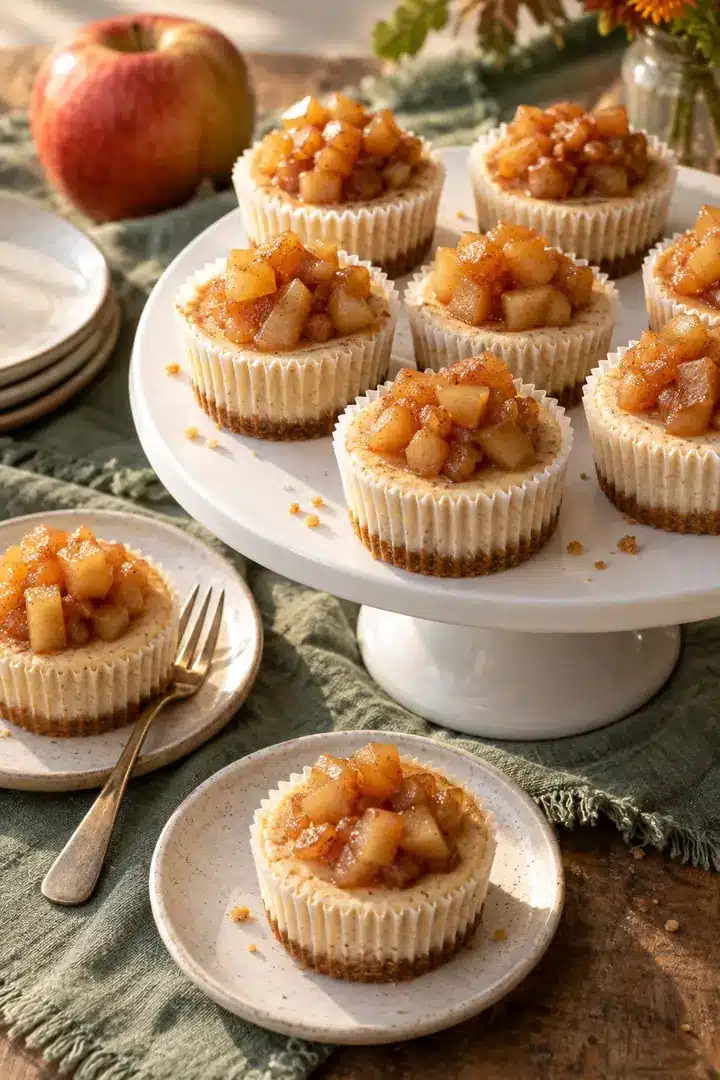 Mini Apple Cinnamon Cheesecakes arranged on a cake stand for fall serving