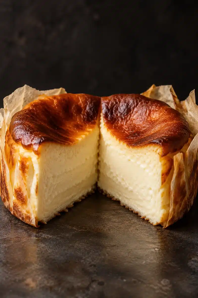 Cut individual Basque cheesecake with a burnished top and creamy pale center