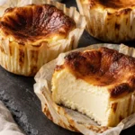 Mini Basque cheesecakes with deeply browned tops, pleated parchment and one creamy cutaway