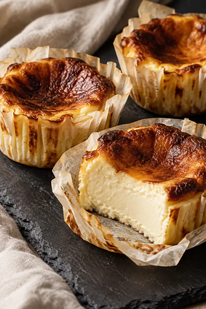 Mini Basque cheesecakes with deeply browned tops, pleated parchment and one creamy cutaway