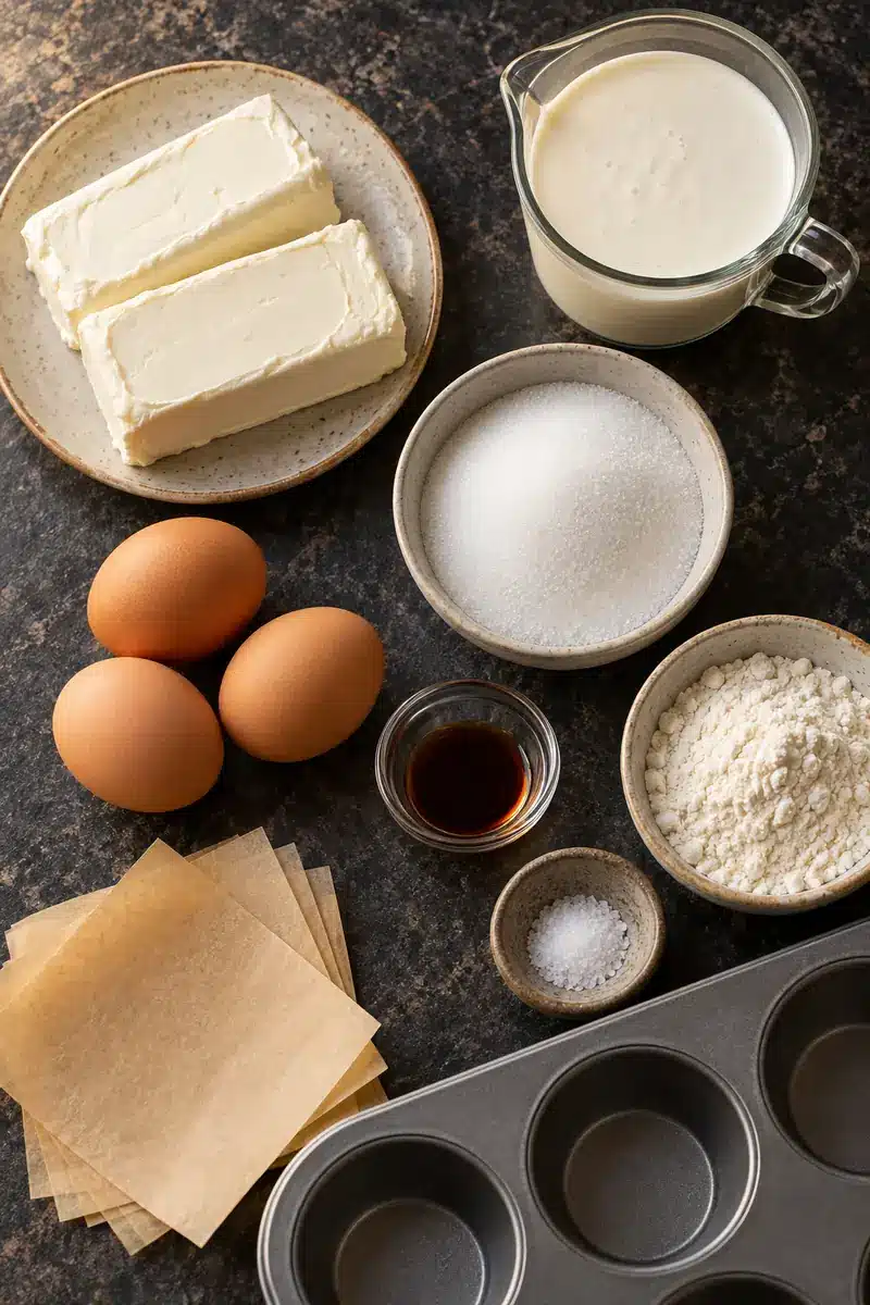 Cream cheese, cream, eggs, sugar, vanilla, flour and parchment beside a muffin tin