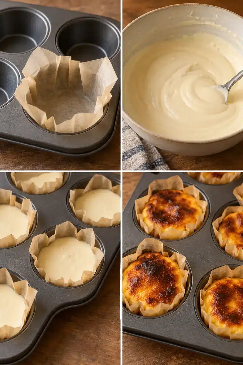 Four stages: empty pleated parchment cup, smooth batter, filled cups and browned cheesecakes