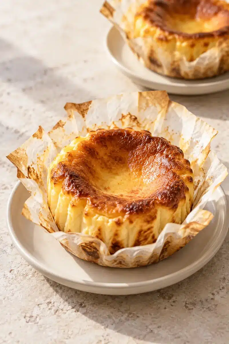 Plain individual Basque cheesecake in opened parchment on a dessert plate