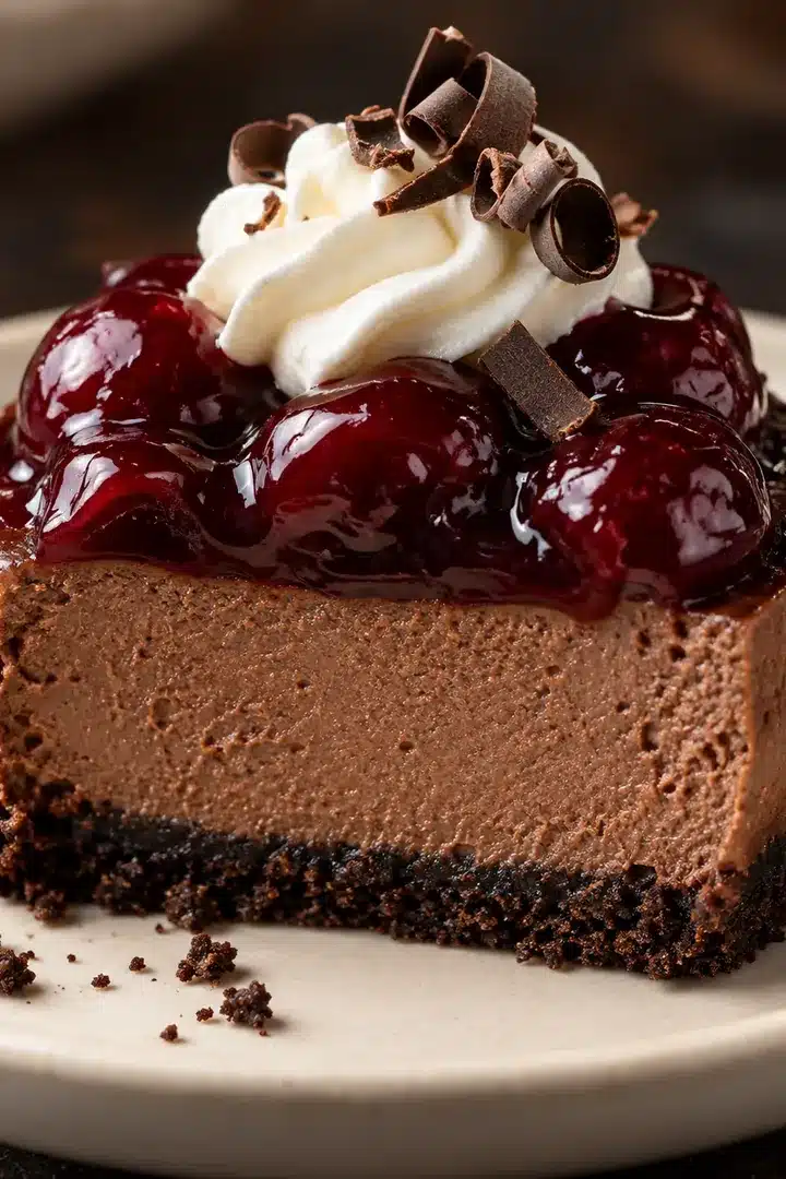 Mini Black Forest Cheesecakes with Cherries and Whipped Cream 5 Cut chocolate mini cheesecake with dark crust, glossy cherries, whipped cream, and chocolate shavings