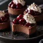 Mini Black Forest Cheesecakes with Cherries and Whipped Cream 10 Mini Black Forest cheesecakes with dark cookie crust, cherries, whipped cream, and chocolate curls