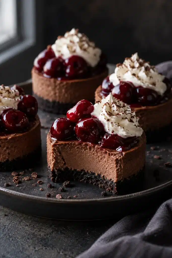 Mini Black Forest Cheesecakes with Cherries and Whipped Cream