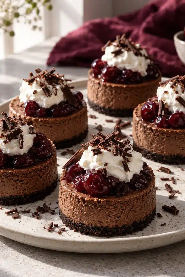 Mini Black Forest Cheesecakes with Cherries and Whipped Cream 6 Individual chocolate cherry cheesecakes with whipped cream and chocolate curls on a white platter