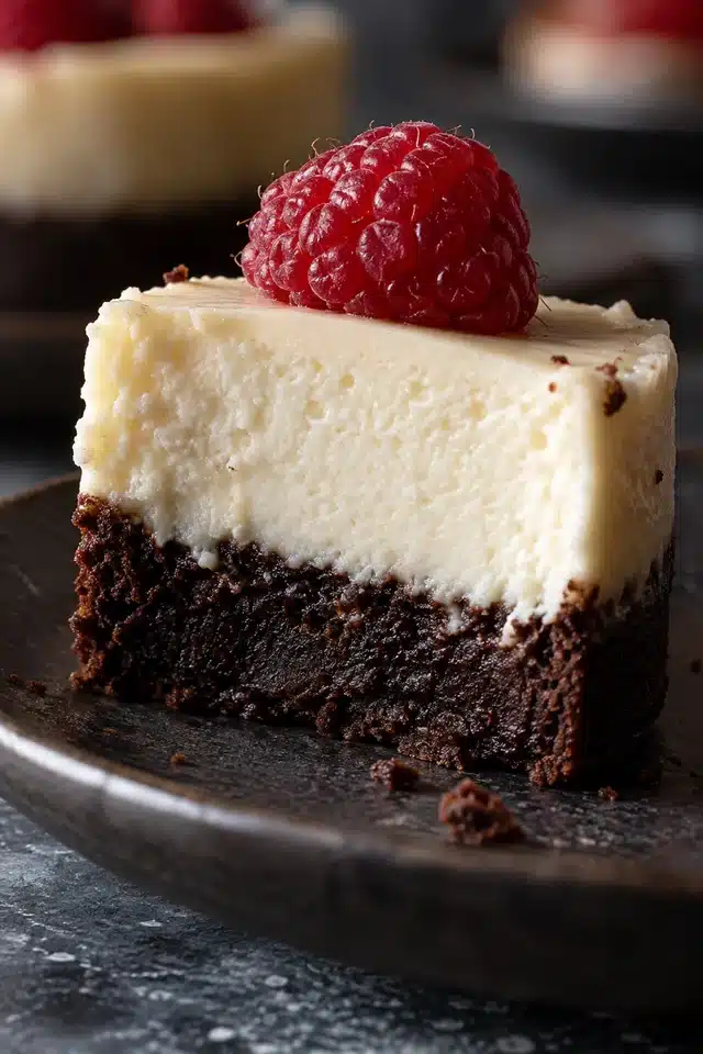 Mini Brownie Bottom Cheesecakes with Fudgy Brownie Bases 5 Cut mini cheesecake showing a distinct fudgy brownie base and creamy vanilla layer
