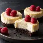 Mini Brownie Bottom Cheesecakes with Fudgy Brownie Bases 11 Mini brownie bottom cheesecakes with fudgy chocolate bases, vanilla tops, and raspberries