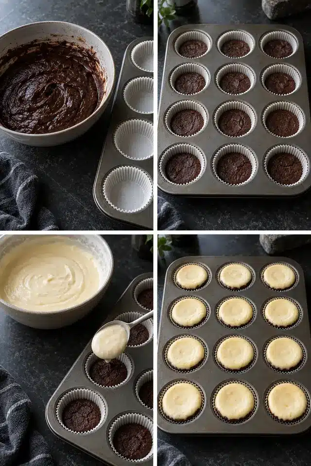 Mini Brownie Bottom Cheesecakes with Fudgy Brownie Bases 4 Four stages showing brownie batter, partially baked bases, filling, and baked cheesecakes