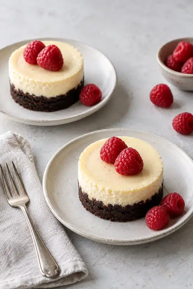 Mini Brownie Bottom Cheesecakes with Fudgy Brownie Bases 6 Two individual brownie base cheesecakes served with fresh raspberries
