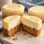 Mini carrot cake cheesecakes cut open to show spiced cake bases and vanilla cheesecake tops