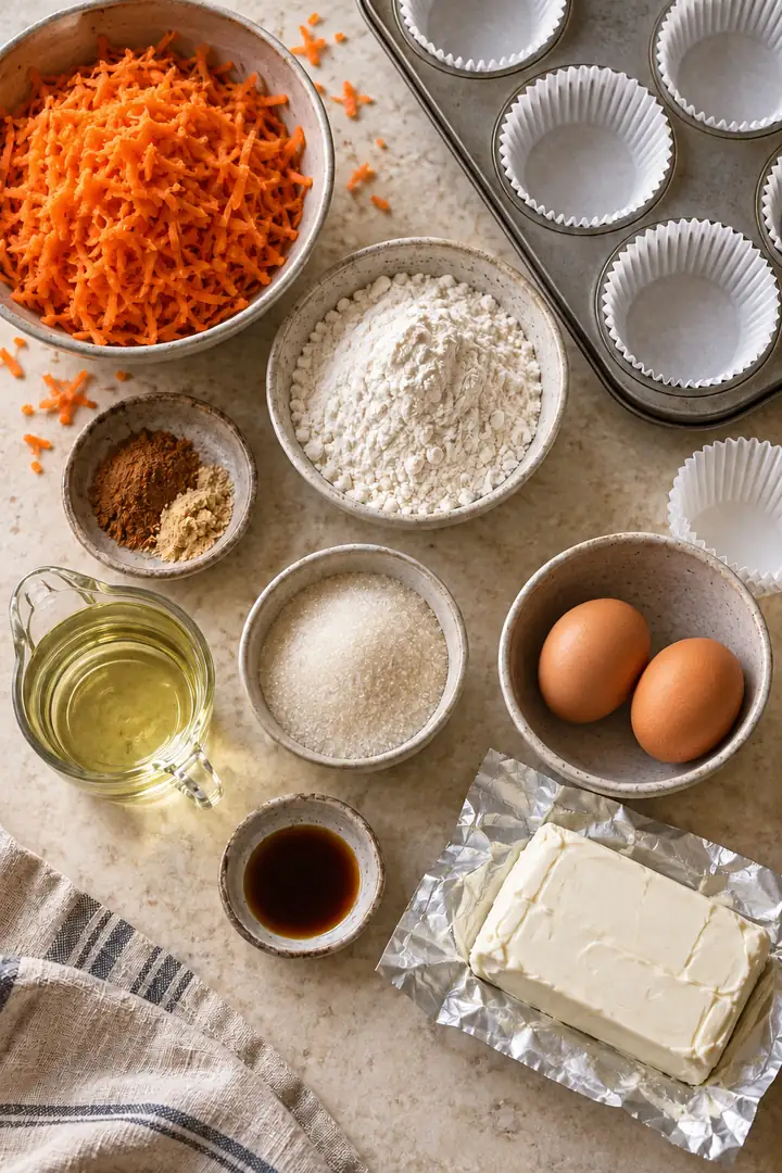 Fresh grated carrot, cream cheese, flour, eggs, oil and spices arranged beside a muffin tin