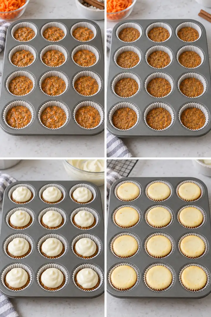 Four panels show carrot batter in liners, set cake bases, cheesecake topping and baked cakes