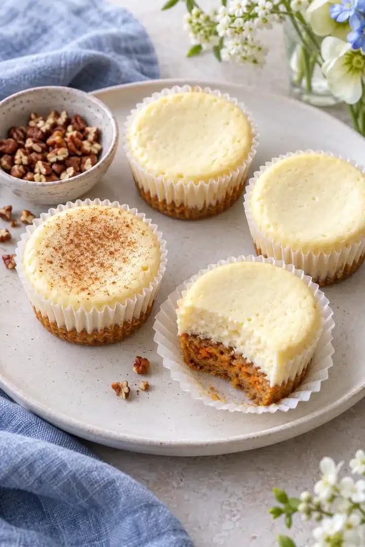 Individual carrot cake cheesecakes on a pale platter with cinnamon and optional pecans