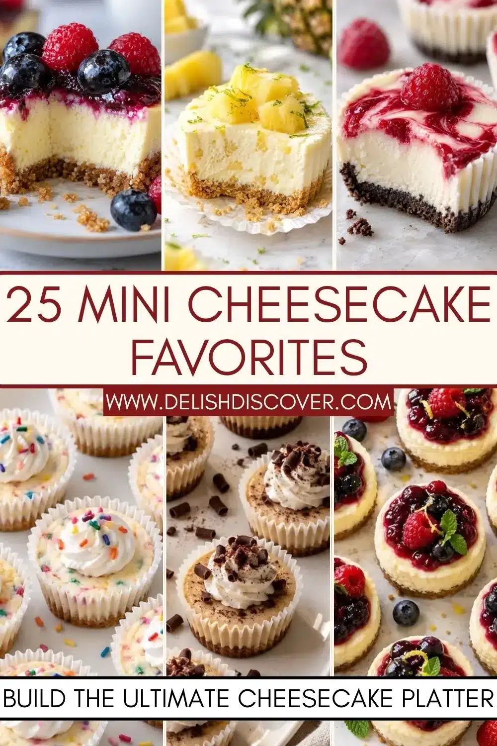 Collage of assorted mini cheesecakes including berry, pineapple, Funfetti, coffee, and fruit-topped varieties arranged as inspiration for a mixed dessert platter.