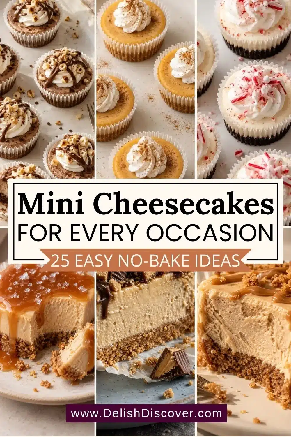 Collage of mini cheesecakes in several flavors including chocolate hazelnut, pumpkin, peppermint, salted caramel, cookie butter, and other party-ready desserts.