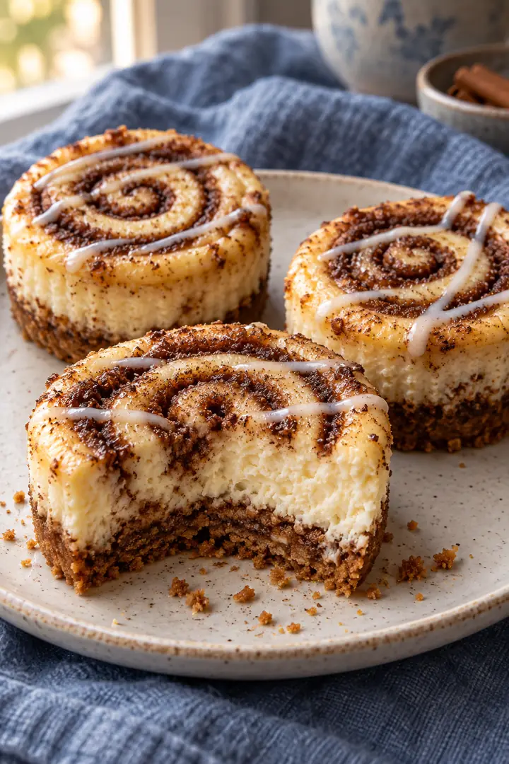 mini cinnamon roll cheesecakes with visible cinnamon spirals and thin vanilla glaze