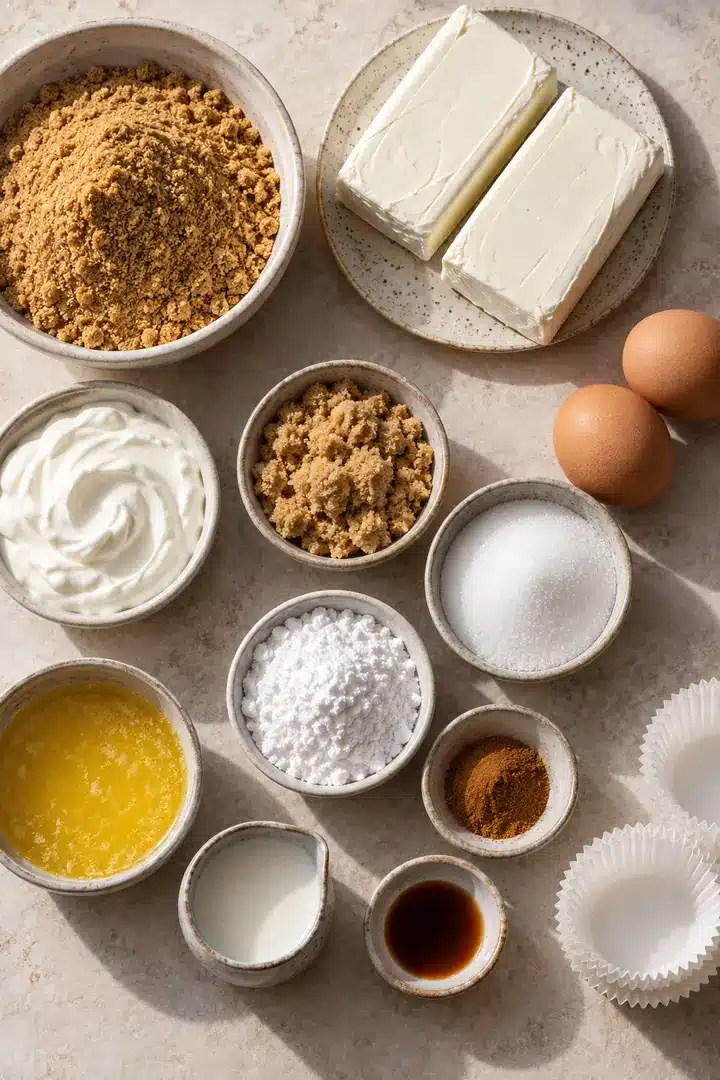 Graham crumbs, cream cheese, eggs, sour cream, sugars, cinnamon, butter, milk, and vanilla