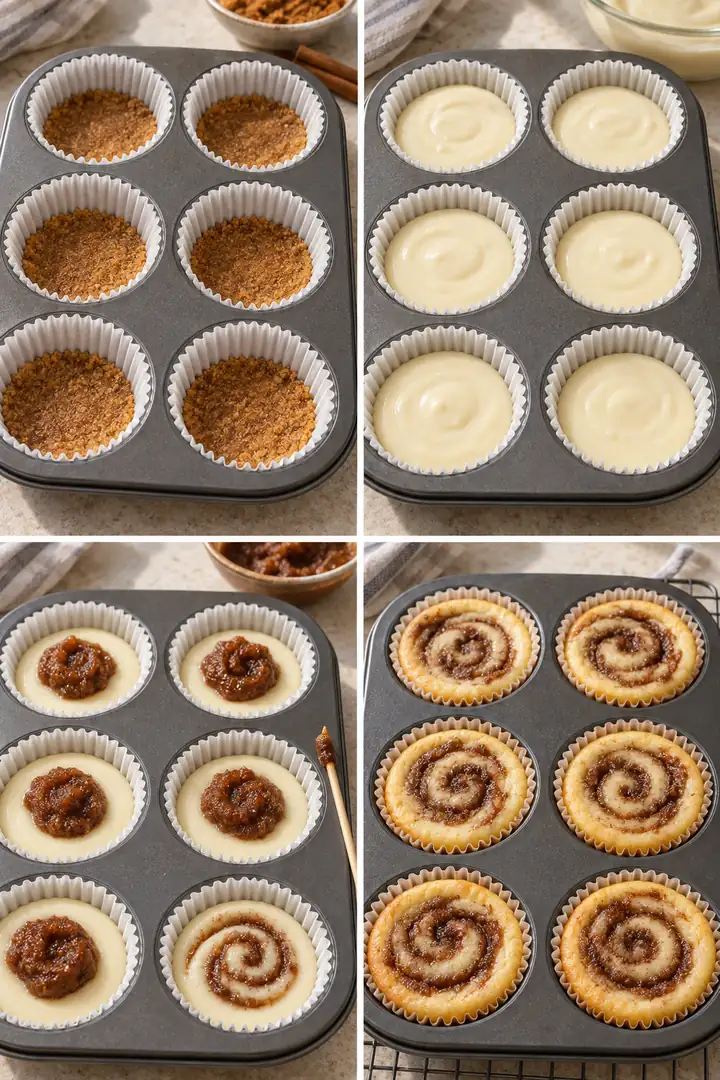 Four separate chronological panels, with close view of thick swirl paste and shallow spiral